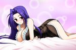  1girl bed blue_hair blush breast_hold breasts cleavage curvy female huge_breasts idolmaster large_breasts long_hair lying miura_azusa nightgown on_stomach red_eyes smile solo tomoki ttomoki_tomonori 