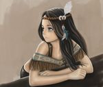  black_hair blue_eyes dark_skin feathers fringe_trim headband headdress long_hair native_american original sashimi_(adam026) solo 