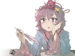  bespectacled blush chin_rest eyeball geppewi glasses hairband hand_on_own_face heart komeiji_satori long_sleeves open_mouth paper pen pink_eyes pink_hair quill short_hair simple_background solo string table third_eye touhou white_background wide_sleeves 