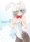  animal_ears blue_eyes bow bowtie bunny_ears bunny_tail bunnysuit detached_collar hair_over_one_eye hamakaze_(kantai_collection) kantai_collection pantyhose saano_chia short_hair silver_hair solo tail wrist_cuffs 