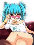  :&lt; adjusting_eyewear aqua_hair azutan bracelet choker collarbone crossed_legs hatsune_miku jewelry long_hair looking_over_eyewear pink-tinted_eyewear sitting solo sunglasses tinted_eyewear twintails vocaloid 