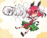  bandages bun_cover clenched_hand commentary cuffs double_bun highres ibaraki_kasen one_eye_closed pink_eyes pink_hair puffy_short_sleeves puffy_sleeves rocket_punch shackles shinapuu shirt short_sleeves skirt smile smoke solo tabard touhou 