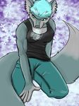 abstract_background anthro blue_hair breasts canine clothing cold ear_piercing female fenni frozen_over fur green_eyes hair ice mammal multiple_tails piercing shirt snowflakes solo tank_top wolf 