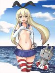  :3 anchor_hair_ornament areolae blonde_hair blush blush_stickers breasts cloud day elbow_gloves floating gloves hair_ornament hair_ribbon highres innertube kantai_collection long_hair microskirt navel open_mouth outdoors pleated_skirt rensouhou-chan ribbon shigekikkusu shimakaze_(kantai_collection) shirt shirt_lift skirt small_breasts standing striped striped_legwear thighhighs underboob water white_gloves yellow_eyes |_| 
