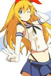  ;) black_panties blonde_hair blue_eyes closed_mouth cosplay elbow_gloves gloves hair_ribbon highleg highleg_panties highres kantai_collection kirisaki_chitoge long_hair looking_at_viewer microskirt midriff navel nisekoi one_eye_closed panties red_ribbon ribbon school_uniform serafuku shimakaze_(kantai_collection) shimakaze_(kantai_collection)_(cosplay) skirt sleeveless smile solo tom_(drpow) underwear v 