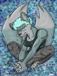  abstract_background anthro blue_hair breasts canine cigarette claws clothing ear_piercing facial_piercing female fenni frozen_over fur green_eyes hair hindpaw lip_piercing looking_at_viewer mammal multiple_tails paws piercing shirt smoking solo tank_top toes wolf 