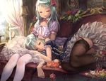  ass black_legwear black_panties breasts closed_eyes couch detached_collar dress flower frills garter_straps green_hair hair_ribbon lap_pillow lolita_fashion long_hair moyamoya multiple_girls original panties petticoat ribbon rose shirt skirt small_breasts thighhighs underwear white_legwear 