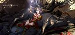  armor blood damaged death deer gauntlets gloves highres injury lying magic pixiv_fantasia pixiv_fantasia_fallen_kings pointy_ears realmbw short_hair sword thighhighs torn_clothes tree weapon 