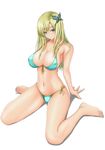  arm_support bad_anatomy bad_proportions barefoot bikini blonde_hair blue_bikini blush boku_wa_tomodachi_ga_sukunai breasts butterfly_hair_ornament cleavage covered_nipples full_body green_eyes hair_ornament kashiwazaki_sena large_breasts long_hair looking_at_viewer muffin_(sirumeria) navel open_mouth shiny shiny_skin side-tie_bikini simple_background sitting skindentation solo swimsuit wariza white_background 