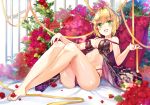  :d ahoge babydoll bangs bare_arms bare_legs bare_shoulders barefoot bed_sheet black_babydoll black_panties blonde_hair blurry blurry_foreground blush bow braid breasts cleavage collarbone commentary_request depth_of_field eyebrows_visible_through_hair fate/extra fate/grand_order fate_(series) feet fingernails flower flowers green_eyes hair_between_eyes hair_bow hair_bun hair_intakes hands_up head_tilt jin_young-in large_breasts legs multi-strapped_panties navel nero_claudius_(fate) nero_claudius_(fate)_(all) open_mouth panties petals pillow red_bow red_flower red_rose ribbon rose rose_petals saber saber_extra short_hair sidelocks sitting smile solo toenails underwear underwear_only white_background yellow_ribbon 
