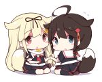  2girls ahoge black_hair black_ribbon black_serafuku black_skirt blonde_hair blue_eyes braid chibi dog_tail eyebrows_visible_through_hair hair_braid hair_flaps hair_ornament hair_ribbon hairclip kantai_collection long_hair looking_at_viewer multiple_girls neckerchief open_mouth pleated_skirt red_eyes red_neckwear remodel_(kantai_collection) ribbon school_uniform serafuku shigure_(kantai_collection) simple_background single_braid sitting skirt straight_hair tail watanon_(gakushokutei) white_background yuudachi_(kantai_collection) 