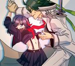  1girl arms_up black_hair green_hair grin kill_la_kill living_clothes mask matoi_ryuuko midriff navel pinned sanageyama_uzu school_uniform senketsu serafuku shirt_lift skirt smile suspenders uniform yougi_shaaru 