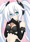  1girl absurdres aqua_eyes between_breasts black_heart blush chocolate choujigen_game_neptune compile_heart elbow_gloves gloves highres holding_arm idea_factory meimu_(infinity) neptune_(series) noire solo twintails white_hair 