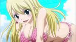  1boy 3girls animated animated_gif bikini blonde_hair blue_eyes blush breast_press breasts brown_eyes cat cleavage fairy_tail happy_(fairy_tail) kodansha large_breasts leg_up lucy_heartfilia magazine mirajane mirajane_strauss multiple_girls natsu_dragneel pink_hair swimsuit symmetrical_docking white_hair yukino_aguria 