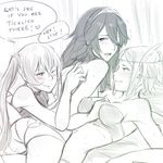  arm_support ass bangs bare_shoulders bed between_breasts between_legs blush bra breasts covered_nipples english feathers fff_threesome fire_emblem fire_emblem:_kakusei girl_sandwich group_sex hair_between_eyes hair_feathers hair_over_one_eye hand_between_breasts hand_on_back hands_on_another's_chest headband heart large_breasts leg_between_thighs long_hair looking_back lucina lying lying_on_person monochrome multiple_girls no_bra noire_(fire_emblem) on_back on_stomach one_eye_closed open_mouth panties parted_bangs parted_lips sandwiched selena_(fire_emblem) short_hair sketch sleeveless smile spot_color strapless strapless_bra sweat threesome tiara topless trembling tusia twintails underwear underwear_only very_short_hair yuri 