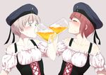  alcohol alternate_costume bare_shoulders beer beer_mug blue_eyes closed_eyes clothes_writing cup dirndl drinking german_clothes hat hat_ribbon holding holding_cup kantai_collection multiple_girls nathaniel_pennel oktoberfest ribbon short_hair underbust z1_leberecht_maass_(kantai_collection) z3_max_schultz_(kantai_collection) 