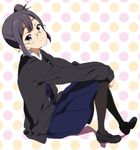  asagiri_shiori black_eyes black_hair cardigan glasses hair_ornament hair_stick hands_on_own_knees md5_mismatch open_cardigan open_clothes pantyhose polka_dot polka_dot_background school_uniform side_ponytail sitting smile solo tamako_market wankoro_mochi 