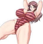  armpits arms_up breasts brown_eyes brown_hair covered_nipples glasses highres huge_breasts long_hair looking_at_viewer md5_mismatch original parted_lips red_swimsuit simple_background solo striped striped_swimsuit swimsuit tamanegiya thick_thighs thighs white_background 