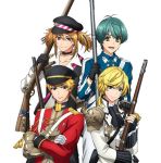  4boys aiguillette antenna_hair antique_firearm aqua_eyes aqua_hair armor black_gloves blonde_hair blue_eyes brown_bess_(senjuushi) charleville_(senjuushi) choker coat crossed_arms fingerless_gloves firearm firelock flintlock frown gauntlets gloves gun hat holding holding_gun holding_weapon kentucky_(senjuushi) lowres majiro_(mazurka) male_focus military military_hat military_uniform multiple_boys musket official_art peaked_cap pink_eyes rifle senjuushi:_the_thousand_noble_musketeers short_hair short_twintails shoulder_armor single_gauntlet smile springfield_(senjuushi) standing tsurime twintails uniform weapon white_gloves yellow_eyes 