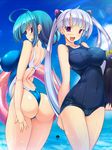  ass blue_hair blush breasts cameltoe competition_swimsuit covered_nipples hair_ornament highres impossible_clothes impossible_swimsuit innertube large_breasts long_hair multiple_girls one-piece_swimsuit open_mouth original purple_eyes school_swimsuit short_hair silver_hair smile swimsuit torisan twintails wet 