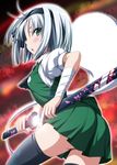  ascot ass bandages black_hairband black_legwear blush floral_print ghost green_eyes hairband highres hitodama holding holding_sword holding_weapon katana konpaku_youmu konpaku_youmu_(ghost) long_sleeves miniskirt nori_tamago open_mouth puffy_long_sleeves puffy_sleeves ribbon sheath short_hair silver_hair skirt solo sword thighhighs touhou unsheathing vest weapon zettai_ryouiki 