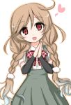  1girl :d arm_warmers bangs blush bow braid collared_shirt commentary_request dress_shirt eyebrows_visible_through_hair green_skirt hair_between_eyes hair_ornament hands_up head_tilt heart kantai_collection komakoma_(magicaltale) light_brown_hair long_hair looking_at_viewer low_twintails minegumo_(kantai_collection) open_mouth own_hands_together palms_together plaid plaid_bow pleated_skirt red_bow red_eyes school_uniform shirt short_sleeves simple_background skirt smile solo suspender_skirt suspenders twin_braids twintails very_long_hair white_background white_shirt 