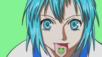  :p blue_eyes blue_hair cirno dr765 joshi_kousei looking_at_viewer parody short_hair solo tongue tongue_out touhou 