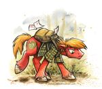  backpack bag big_macintosh_(mlp) blonde_hair clothing cutie_mark equine facial_hair friendship_is_magic grass hair horse looking_down male mammal my_little_pony paper pony portrait sad shirt solo sophiecabra t&#233;st t&eacute;st tess_garman upset walking 