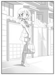  bag blush greyscale hair_ornament hidamari_sketch loafers looking_at_viewer monochrome open_mouth school_bag school_uniform shoes short_hair skirt smile solo x_hair_ornament yoshitani_motoka yuno 