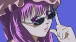  dr765 joshi_kousei lips looking_at_viewer parody patchouli_knowledge purple_eyes purple_hair solo sunglasses touhou 