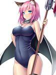  animal_ears blue_eyes blush breasts cape competition_school_swimsuit covered_navel medium_breasts one-piece_swimsuit original pink_hair short_hair solo swimsuit tsukumiya_amane weapon 