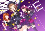  a-rise black_dress black_gloves black_skirt blush brown_hair dress dutch_angle earrings gloves green_eyes headband idol jacket jewelry kira_tsubasa long_hair long_sleeves love_live! love_live!_school_idol_project multiple_girls one_eye_closed open_mouth orange_hair purple_eyes purple_hair shocking_party short_hair short_sleeves skirt smile toudou_erena uminekoritorubasuta-zu white_gloves yuuki_anju 