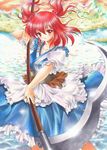  dress frilled_skirt frills glint hair_bobbles hair_ornament layered_dress light_smile lips looking_at_viewer marker_(medium) mountain onozuka_komachi puffy_short_sleeves puffy_sleeves red_eyes red_hair scythe shore short_hair short_sleeves skirt solo sparkle tegaki_no_yuu touhou traditional_media twilight two_side_up water wind 