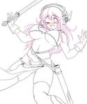  armor bad_id bad_pixiv_id bikini_armor blush breasts cleavage gloves headphones hoimin_(anchangdeath) large_breasts lineart long_hair monochrome nitroplus open_mouth pink_hair red_eyes solo super_sonico sword thighhighs wardrobe_malfunction weapon 