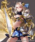  armor bikini_armor blonde_hair breasts cleavage kakusei_avenger long_hair medium_breasts midriff ojyou red_eyes skirt solo sword weapon 