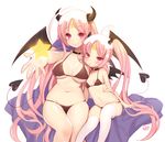  age_difference ahoge artist_name bad_id bad_pixiv_id bikini black_bikini blush breasts byulzzimon cape choker cleavage demon_tail facial_mark forehead_mark horns large_breasts long_hair mole mole_under_eye multiple_girls navel original outstretched_hand pink_eyes pink_hair shiny shiny_skin side-by-side simple_background sitting small_breasts smile star string_bikini swimsuit tail thighhighs twintails very_long_hair white_legwear wings 