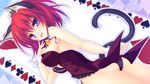  animal_ears ass blush bow bowtie breasts card cat_ears cleavage club_(shape) crown cuff_links diamond_(shape) embarrassed frills heart highres kittysuit leotard looking_at_viewer looking_back looking_down magicalic_sky_high medium_breasts mikagami_mamizu open_mouth playing_card purple_eyes red_hair short_hair solo spade_(shape) tail tailcoat thighs wrist_cuffs 