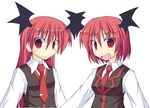  :d alternate_hair_length alternate_hairstyle bat_wings commentary_request dress_shirt dual_persona head_wings ichidai_taisa koakuma long_hair long_sleeves looking_at_viewer multiple_girls necktie open_mouth red_eyes red_hair red_neckwear shirt short_hair simple_background slit_pupils smile touhou vest white_background white_shirt wings 