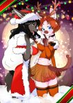  blue_eyes brown_eyes brown_hair cat christmas christmas_clothes dog furry long_hair multiple_girls setonanaki13 short_hair smile 