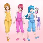  adapted_costume aino_megumi blue_eyes blue_hair bow brown_hair closed_eyes cosplay gradient gradient_background gurasan_(happinesscharge_precure!) happinesscharge_precure! happy heart hikawa_iona kouji14 long_hair looking_at_viewer matching_outfit multiple_girls oomori_yuuko oomori_yuuko_(cosplay) open_mouth overalls pink_bow pink_eyes pink_hair ponytail precure purple_hair ribbon ribbon_(happinesscharge_precure!) shirayuki_hime shirt shoes short_hair smile 