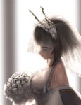 admiral_(kantai_collection) bare_shoulders bouquet breasts bridal_veil bride cleavage closed_eyes dress flower gloves hairband kantai_collection large_breasts mutsu_(kantai_collection) qingmingtongzi see-through smile solo_focus veil wedding_dress white_gloves 