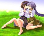  bad_id bad_pixiv_id barefoot brown_eyes brown_hair grass hairband holding_hands interlocked_fingers long_hair long_sleeves multiple_girls nise_nanatsura open_mouth panties pantyshot pantyshot_(sitting) ponytail purple_eyes purple_hair shirt siblings sisters sitting skirt smile touhou tsukumo_benben tsukumo_yatsuhashi underwear very_long_hair white_panties yuri 