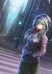  bad_id bad_pixiv_id building crosswalk dutch_angle geeto_gaadian green_hair hands_in_pocket hood hoodie kagerou_project kido_tsubomi long_hair looking_at_viewer purple_eyes solo traffic_light urban wind 