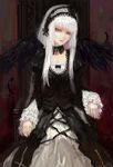  dress gothic_lolita hairband lolita_fashion long_hair red_eyes rozen_maiden solo suigintou tuzki white_hair wings 