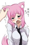  animal_ears black_neckwear blue_eyes blush breasts eargasm fang hand_on_ear highres medium_breasts necktie open_mouth original pink_hair playing_with_another's_ears shirt simple_background solo_focus tadanon tail translation_request white_background white_shirt wolf_ears wolf_tail 
