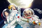  afro animal apo_(uchuu_kyoudai) astronaut black_hair blonde_hair dog earth floating full_moon male_focus moon multiple_boys nanba_hibito nanba_mutta necktie pet pug r.n rocket science_fiction smile space space_station spacesuit star sun uchuu_kyoudai 