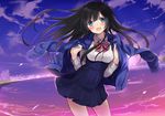  :d bangs black_hair blue_eyes blunt_bangs cardigan cloud dutch_angle jacket_on_shoulders long_hair maigoyaki open_mouth original petals school_uniform skirt sky smile solo sunset water 