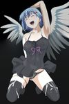  absurdres angel black_background black_dress blue_hair breasts dress eyes_closed highres large_breasts nanael nipples panties queen&#039;s_blade queen's_blade screencap short_hair simple_background smile stitched transparent underwear wings 
