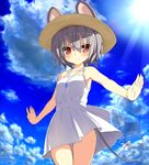  alternate_costume animal_ears bare_shoulders blue_sky blush bow capelet cloud cloudy_sky day dress ears_through_headwear greatmosu grey_hair hat highres jewelry mouse_ears mouse_tail nazrin pendant petite red_eyes short_hair sky smile solo sun_hat sundress sunlight tail tail_bow touhou white_dress 