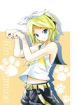  bare_arms bare_shoulders blonde_hair blue_eyes character_name hairband kagamine_rin looking_at_viewer midriff no_armwear one_eye_closed paw_pose sailor_collar shorts sleeveless solo takkan vocaloid 